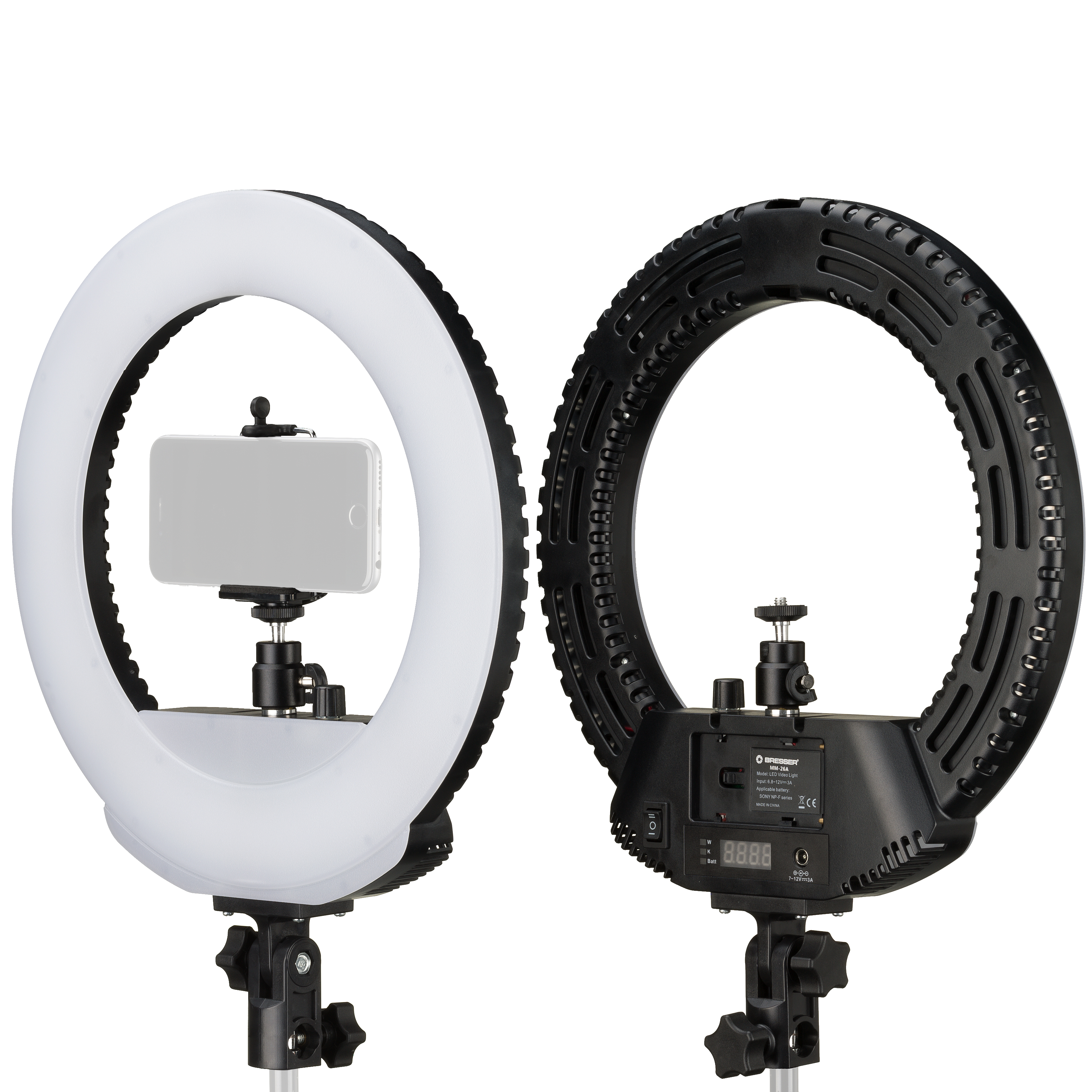 BRESSER LED MM-26A Ringlamp 24W + Netadapter + accu aansluiting + tas