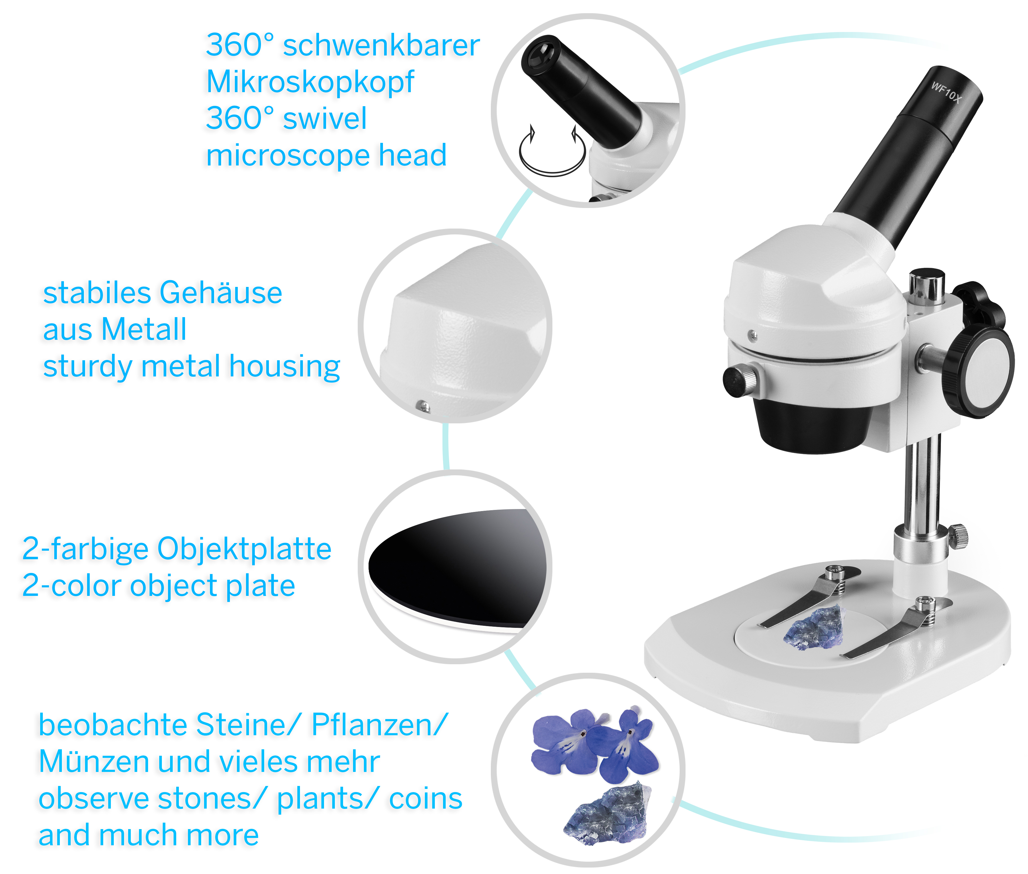 BRESSER JUNIOR Opzichtmicroscoop met 20x Vergroting en stevige metalen Behuizing